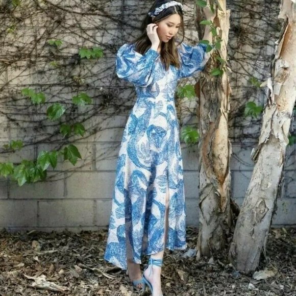 H&M CONSCIOUS EXCLUSIVE 100% Silk Mosaic Midi Puff Sleeve Cocktail Dress - Picture 6 of 12